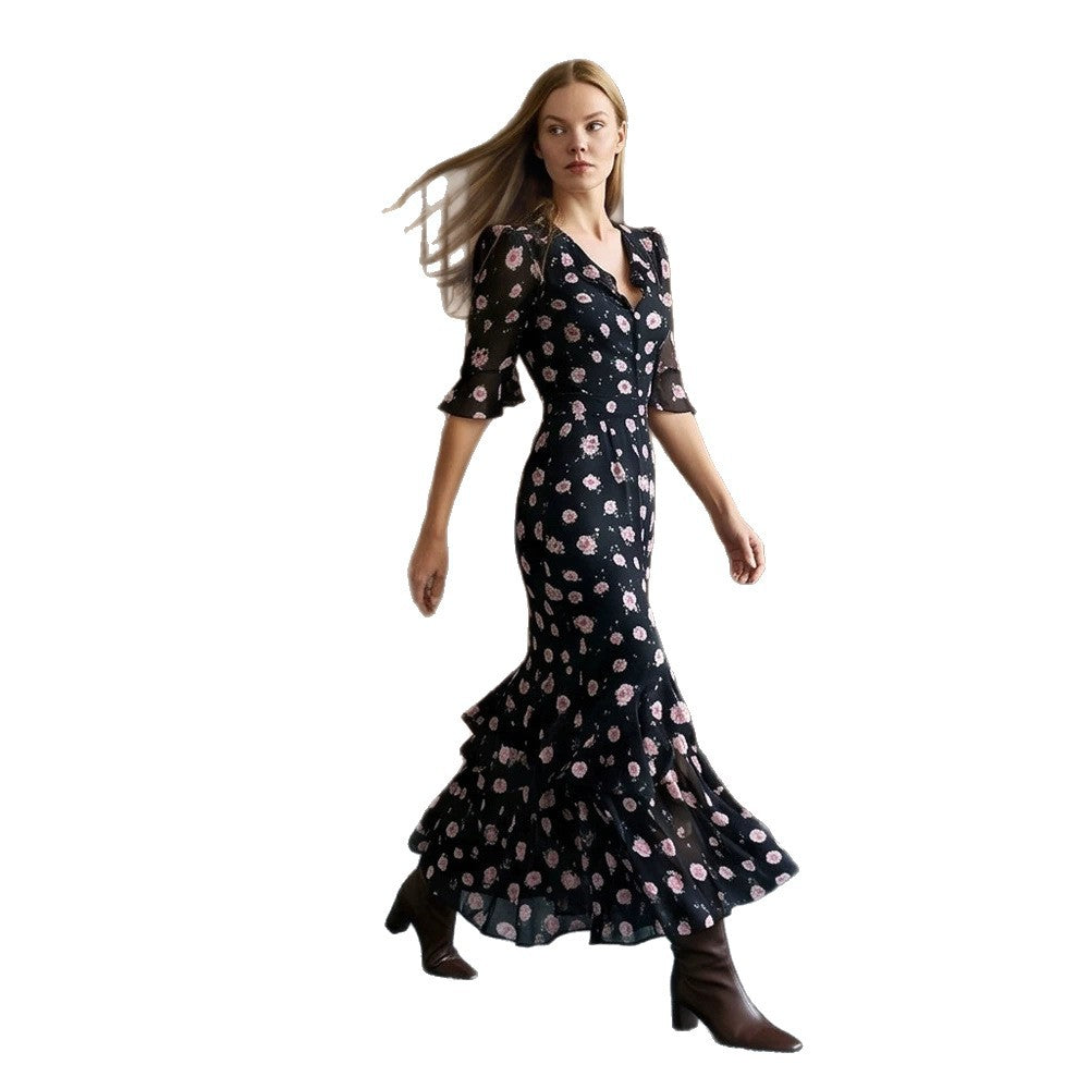 Damen Tailliertes Chiffon-Midikleid mit V-Ausschnitt, dreiviertel Ärmeln und Stufenvolant Echoarchiv