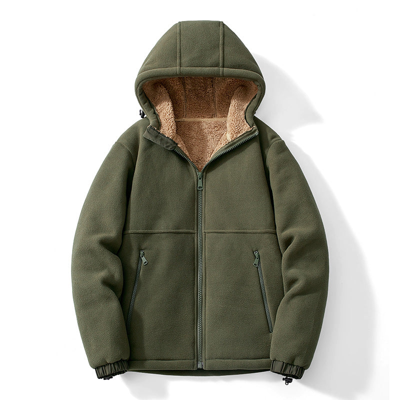Herren Kapuzen-Fleecejacke mit Teddy-Innenfutter, durchgehendem Reißverschluss und winddichten Bündchen Echoarchiv