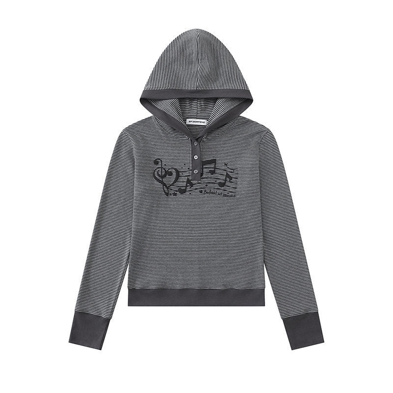 Damen Kapuzen-Henley-Pullover aus leichtem Streifenjersey mit Musik-Print Echoarchiv