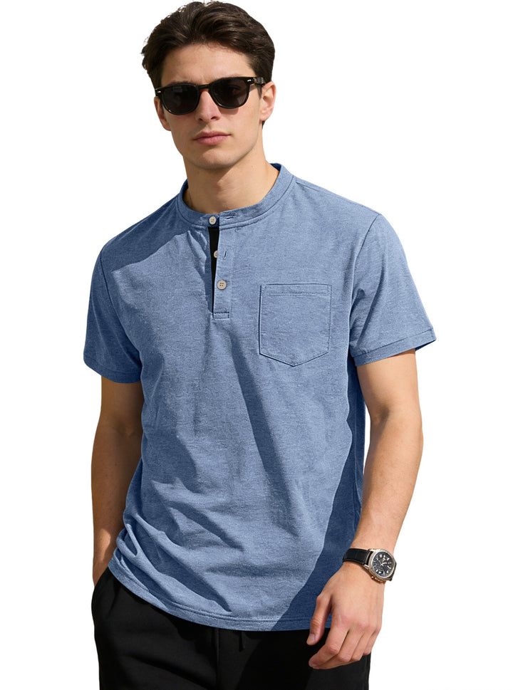 Herren nan strukturiertes Baumwoll-Henleyshirt mit kurzem Stehkragen Knopfleiste und Brusttasche Echo Archiv