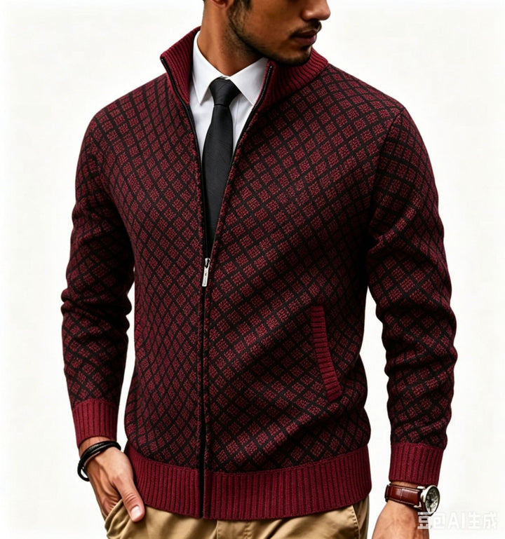 Herren Strukturierte Strickjacke mit Stehkragen und Diamant-Jacquard Echo Archiv