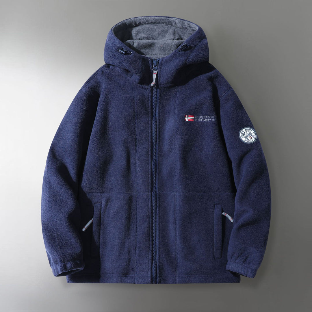 Herren Microfleece-Outdoorjacke mit Kapuze, windabweisender Struktur und Logo-Patch Echoarchiv