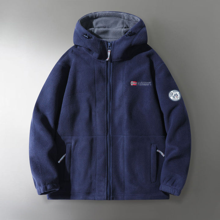 Herren Microfleece-Outdoorjacke mit Kapuze, windabweisender Struktur und Logo-Patch Echoarchiv