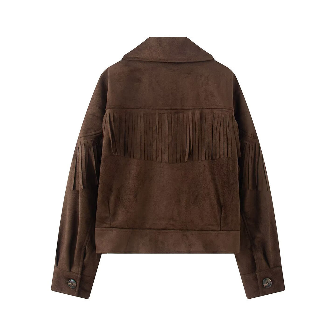 Damen Kurzjacke im Wildleder‑Look mit Fransenbesatz und Hemdkragen Echoarchiv