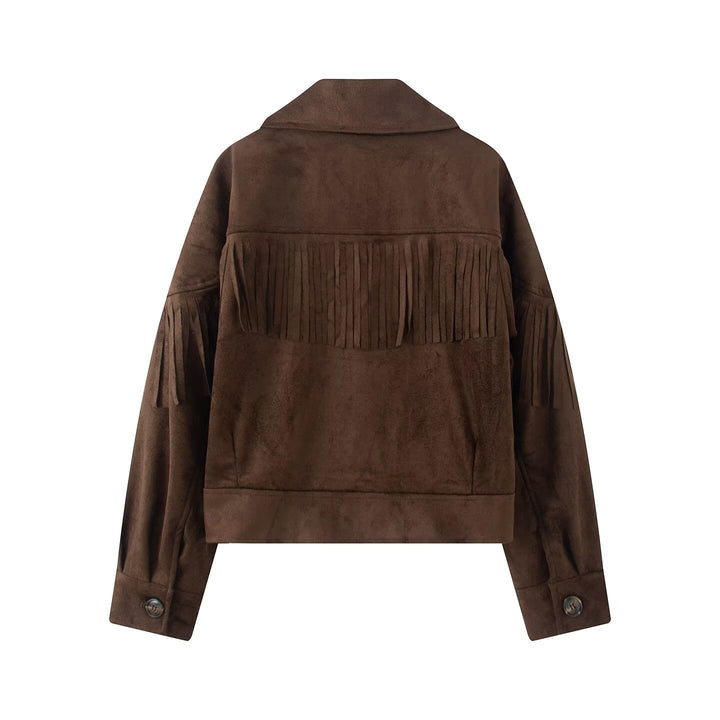 Damen Kurzjacke im Wildleder‑Look mit Fransenbesatz und Hemdkragen Echoarchiv