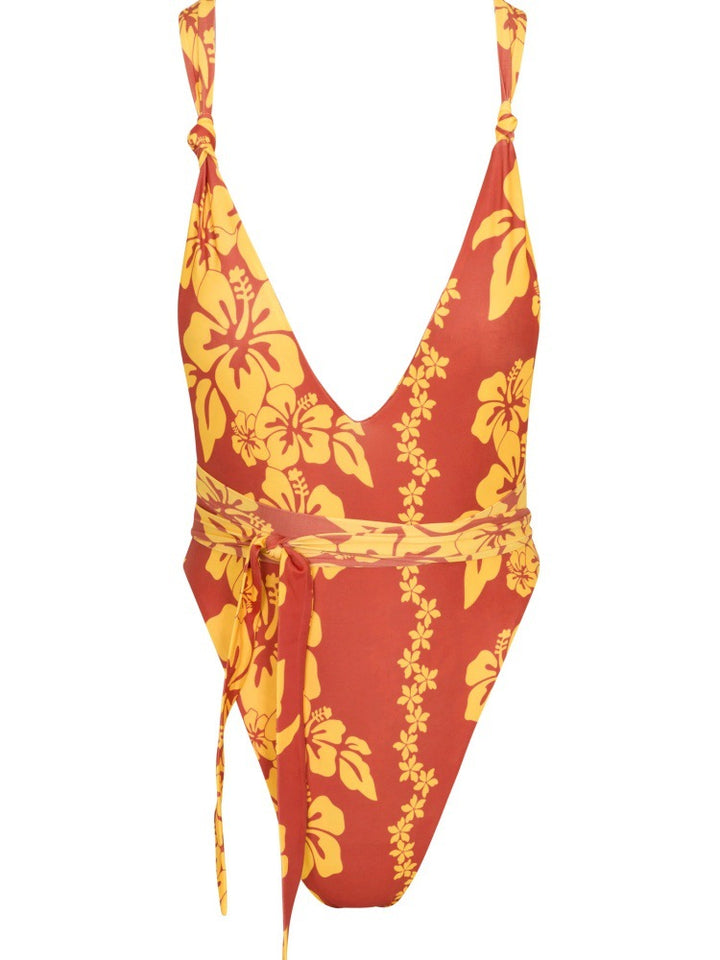Damen Einteiliger Badeanzug mit tiefem V-Ausschnitt und floralem Design Echo Archiv