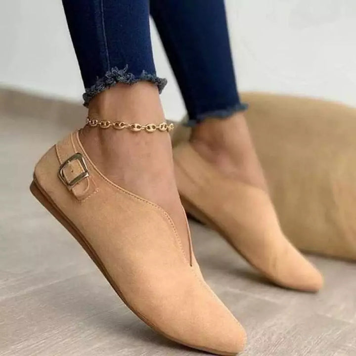 Damen nan spitz zulaufende Slipper mit V-Ausschnitt und seitlicher Metallschnalle Velourslederoptik Echo Archiv