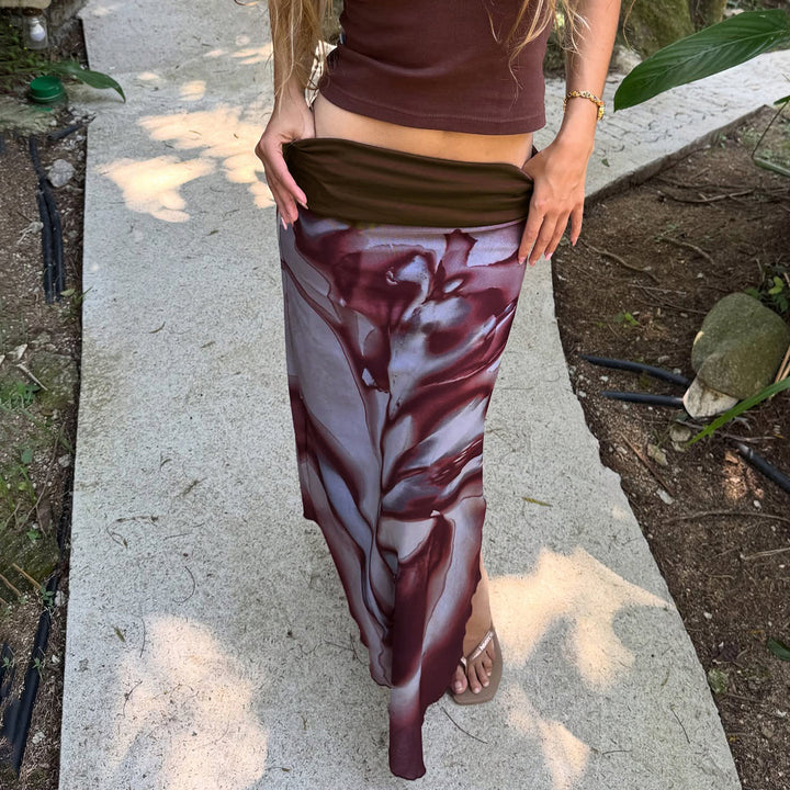 Damen Asymmetrischer Lagen-Chiffon-Maxirock mit Umschlagbund und Aquarellprint – Valéora