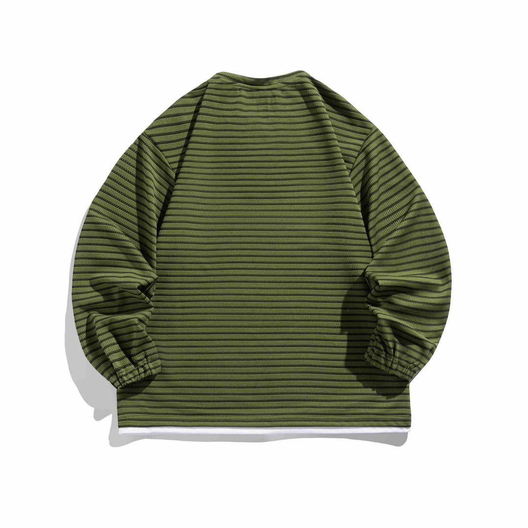 Unisex Gestreifter Waffelstruktur-Pullover mit Schnürverschluss und Raglanärmeln Echoarchiv