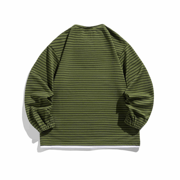 Unisex Gestreifter Waffelstruktur-Pullover mit Schnürverschluss und Raglanärmeln Echoarchiv
