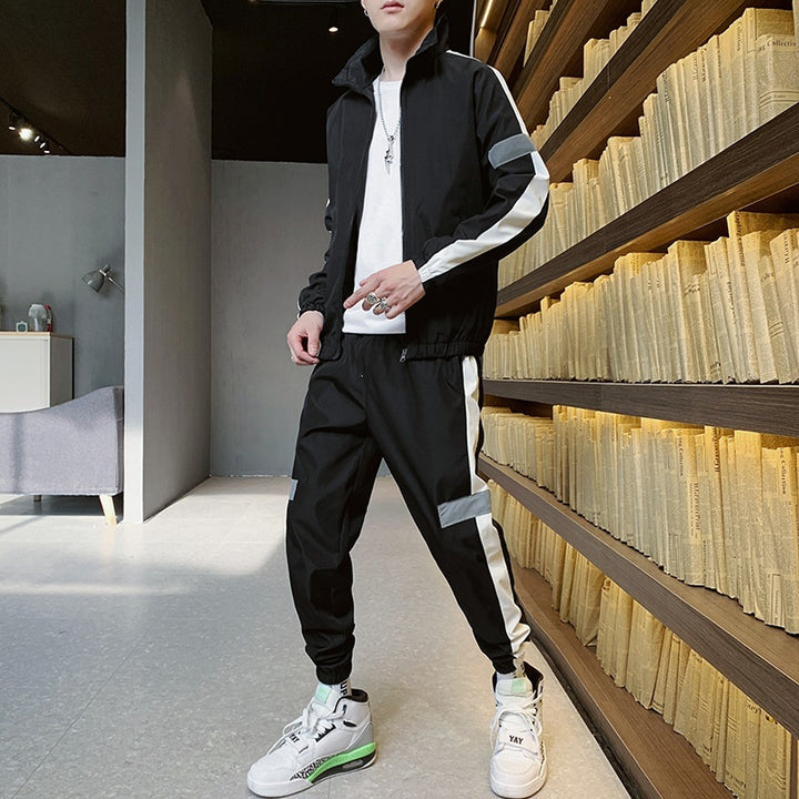 Herren Zweiteiliges Streetwear-Trainingsset mit Stehkragen, Kontraststreifen & reflektierenden Einsätzen Echoarchiv