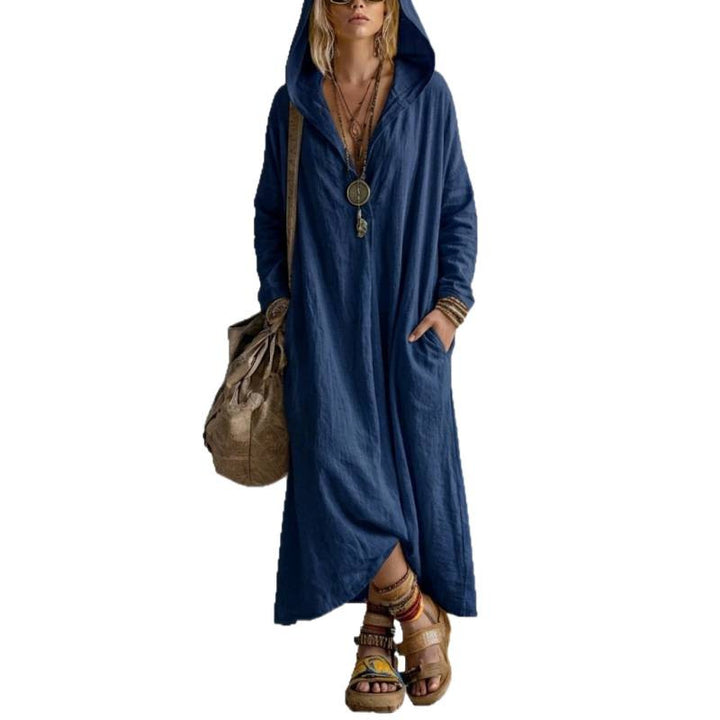 Damen Langes Kapuzenkleid im Boho-Look mit V-Ausschnitt, Eingrifftaschen und lockerem Fall Echoarchiv