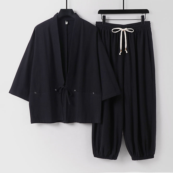 Unisex Lockeres Kimono-Loungewear-Set aus atmungsaktivem Baumwollmix mit Kordelbund und gerafften Knöcheln Echoarchiv