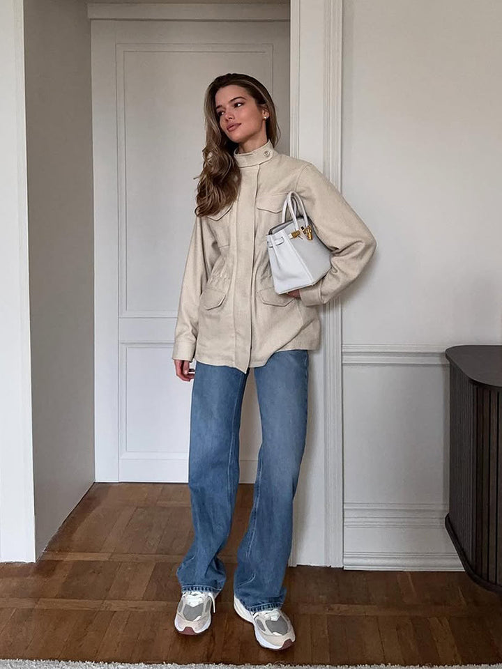 Damen Oversize Fieldjacke aus Wollmix mit Stehkragen und aufgesetzten Pattentaschen Echoarchiv
