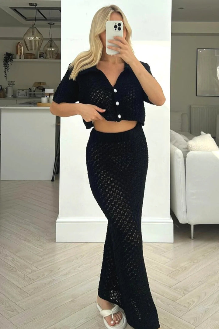 Damen Strick-Set mit offenem Cardigan und maxi Rock Echo Archiv