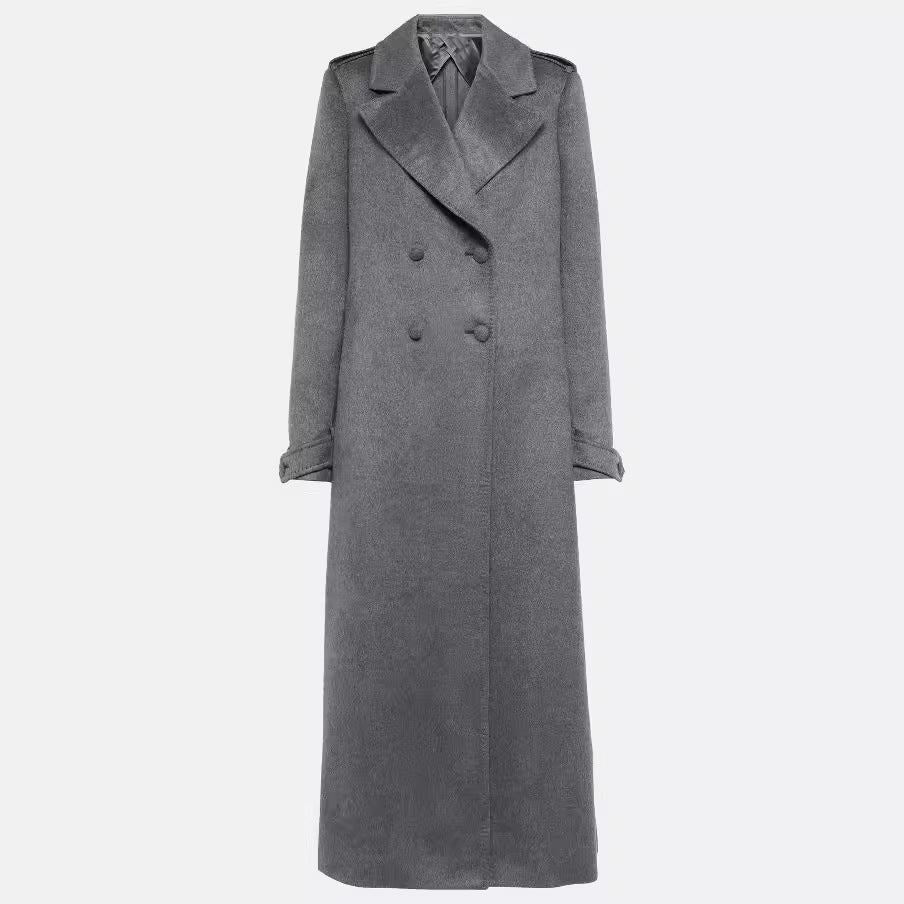 Damen Bodenlanger Zweireihiger Mantel im Vintage-Tailoring mit breitem Schalkragen Echoarchiv