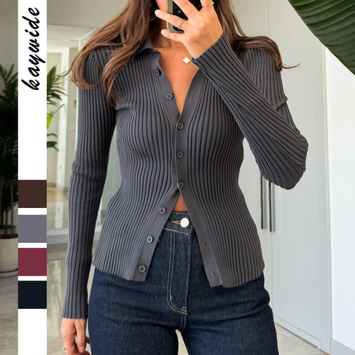 Damen taillierter Rippstrick-Cardigan mit verdeckter Knopfleiste und wellenförmigem Saum – Veloura