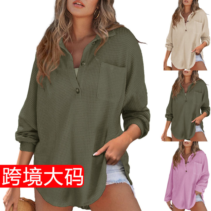 Damen Oversize Waffelstrick-Hemdbluse mit Kentkragen, Brusttasche und gerundetem Saum Echo Archiv