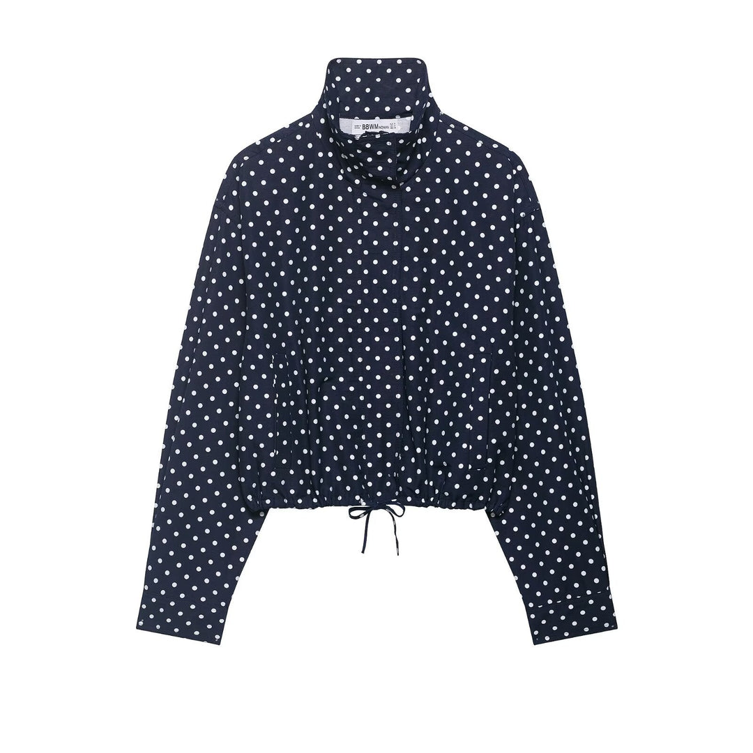 Damen Gepunktete Cropped-Blusenjacke mit Stehkragen, Tunnelzug und Eingrifftaschen Echoarchiv