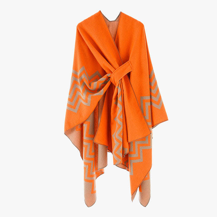 Damen Oversize Rechteck-Cape mit Jacquard-Zickzackmuster und Bindegürtel – Avérine