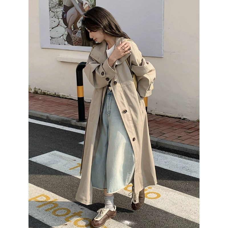 Damen Langer leichter Trenchcoat im Oversize-Stil mit geradem Schnitt und verdeckter Knopfleiste Echoarchiv