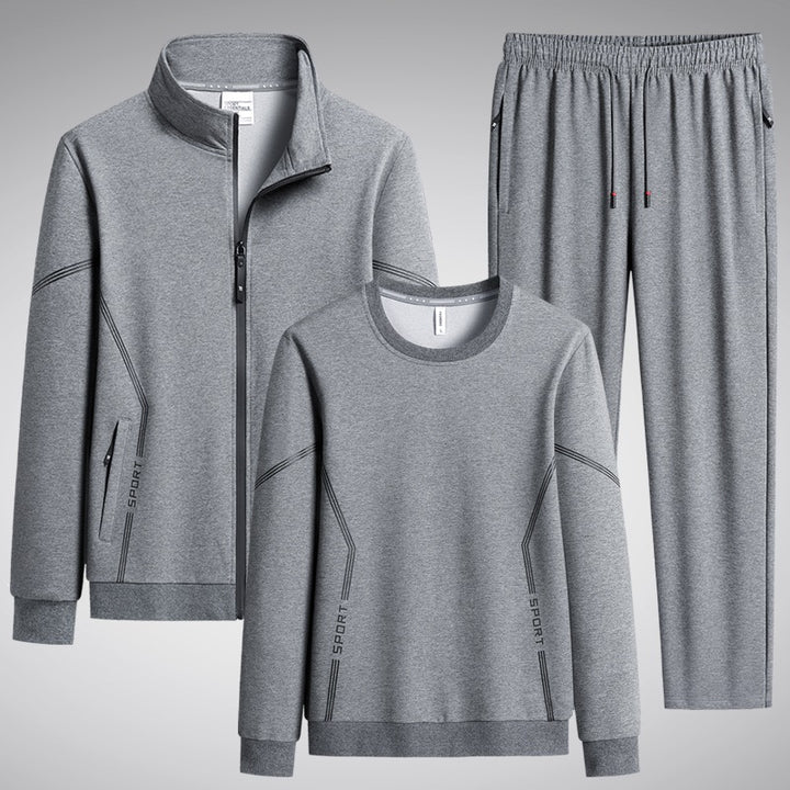 Herren Dreiteiliges Performance-Trainingsset mit Stehkragen-Zipjacke, Rundhals-Sweater & tapered Jogginghose Echoarchiv
