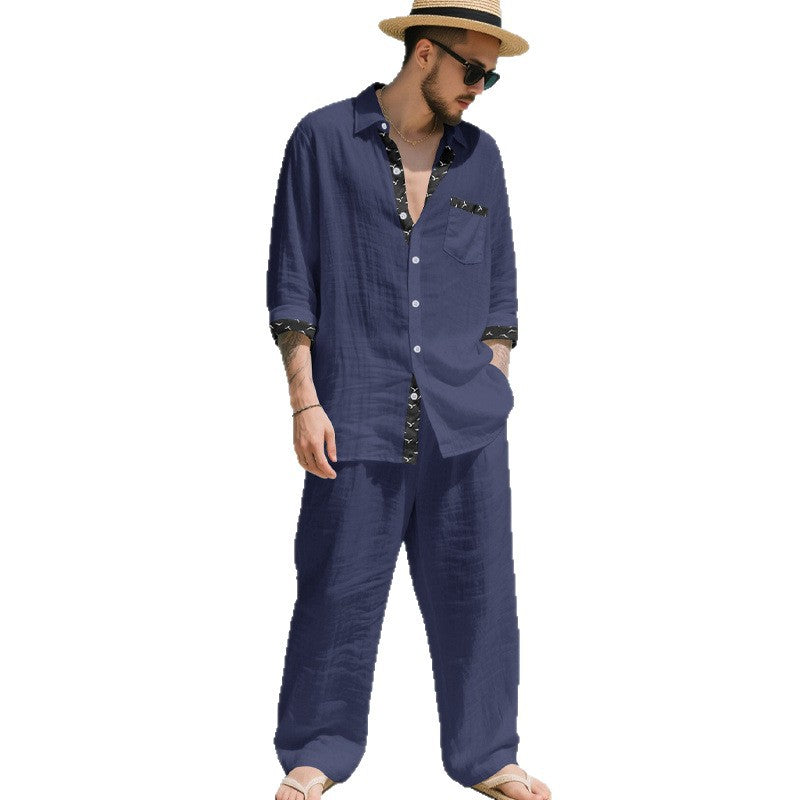 Herren Leinenoptik-Loungewear-Set mit Kordelzughose und offenem Hemdjacke – Averon