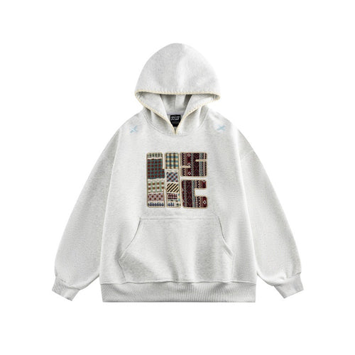 Unisex Weit geschnittener Kapuzenpullover mit Patchwork-Applikation und Kängurutasche Echoarchiv