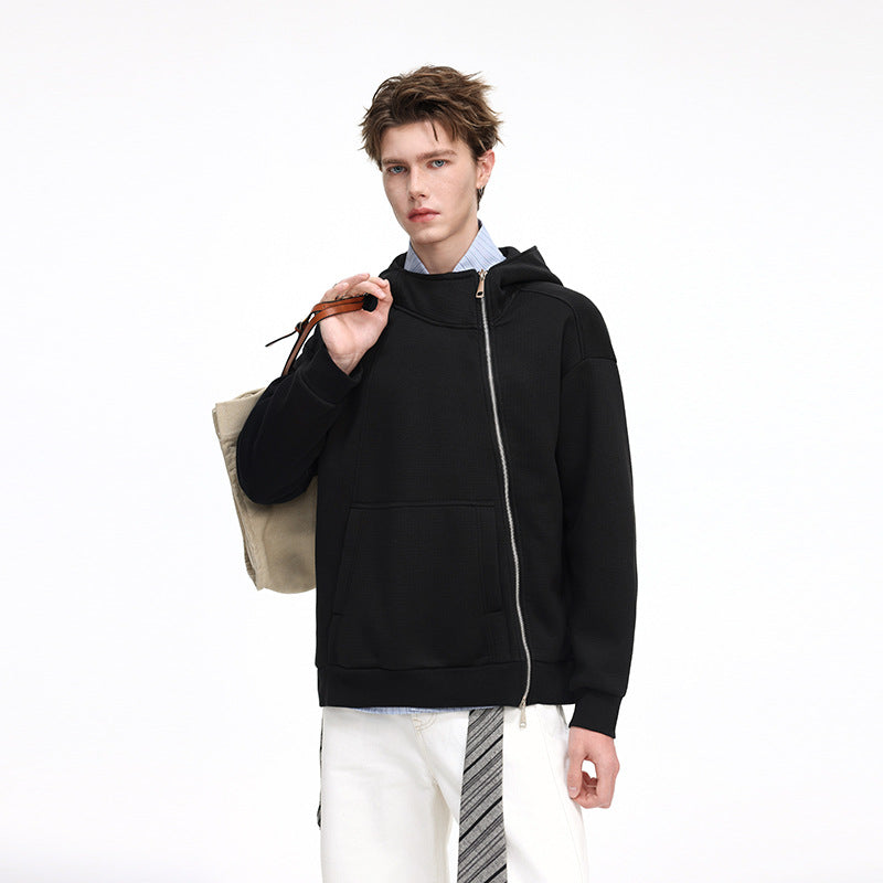 Unisex Asymmetrischer Kapuzenpullover mit hohem Kragen, diagonalem Reißverschluss und Kängurutasche Echo Archiv