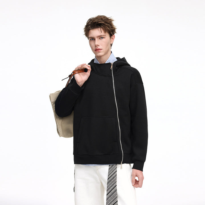 Unisex Asymmetrischer Kapuzenpullover mit hohem Kragen, diagonalem Reißverschluss und Kängurutasche Echo Archiv