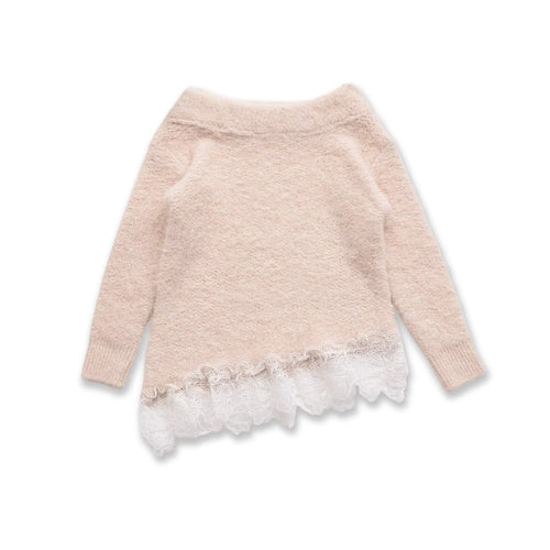 Damen Flauschiger Strickpullover mit weitem Bootkragen und Spitzenbesatz Echoarchiv