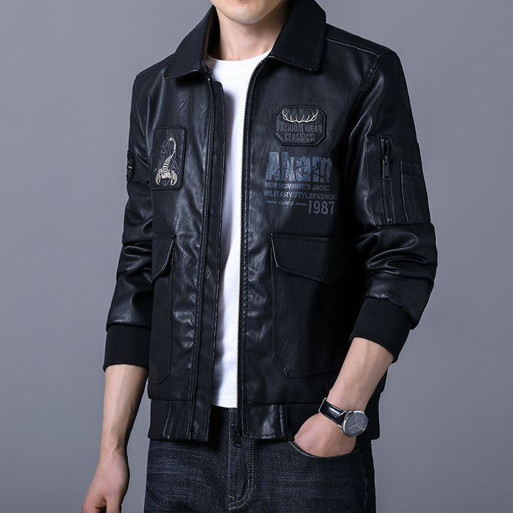 Herren militärisch inspirierte Kunstlederjacke mit praktischen Taschen Echoarchiv