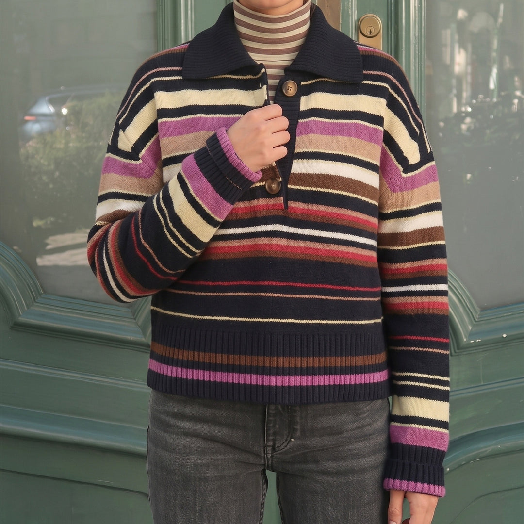 Damen Gestreifter Strickpullover mit Polokragen & Knopfleiste Echoarchiv