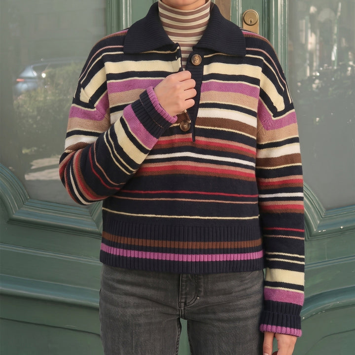 Damen Gestreifter Strickpullover mit Polokragen & Knopfleiste Echoarchiv