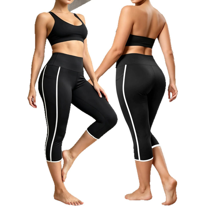 Damen Capri-Sportleggings mit hoher Taille, Bauchkontrolle und seitlicher Smartphone-Tasche echoarchiv-