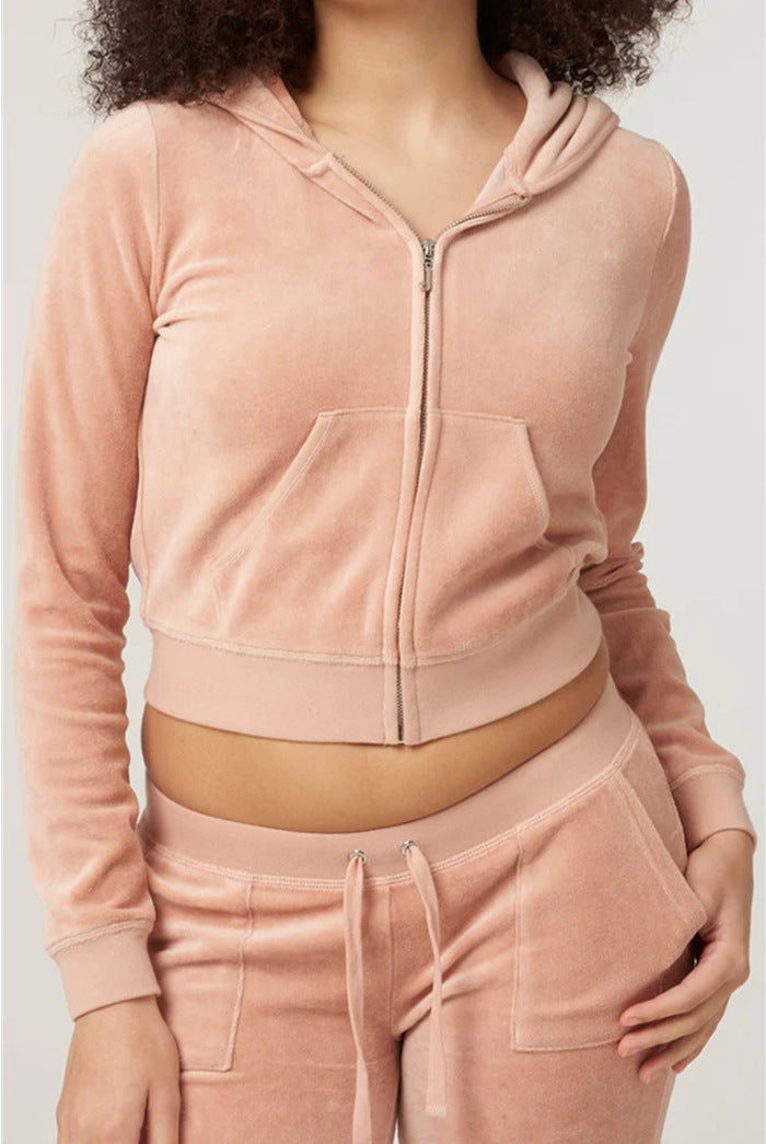 Damen Samtvelours Cropped-Zipjacke mit Kängurutasche und hochgeschnittener Bündchenhose – Auréline