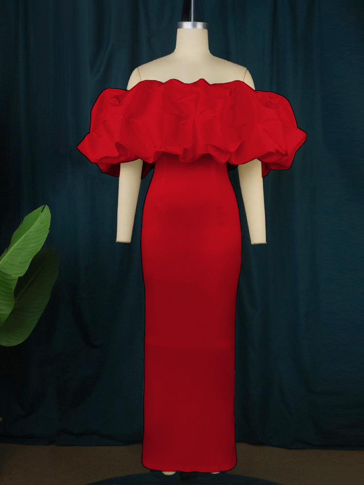 Damen Elegantes Off-Shoulder Maxikleid mit voluminösen Rüschensäumen Echo Archiv
