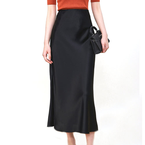 Damen Eleganter Hochtaillierter Satin-Midirock Echoarchiv