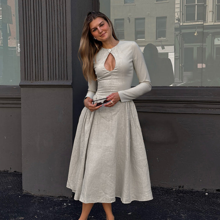 Damen Midikleid mit Tropfen-Ausschnitt, geraffter Taillenpartie und ausgestelltem Rock – Avérine