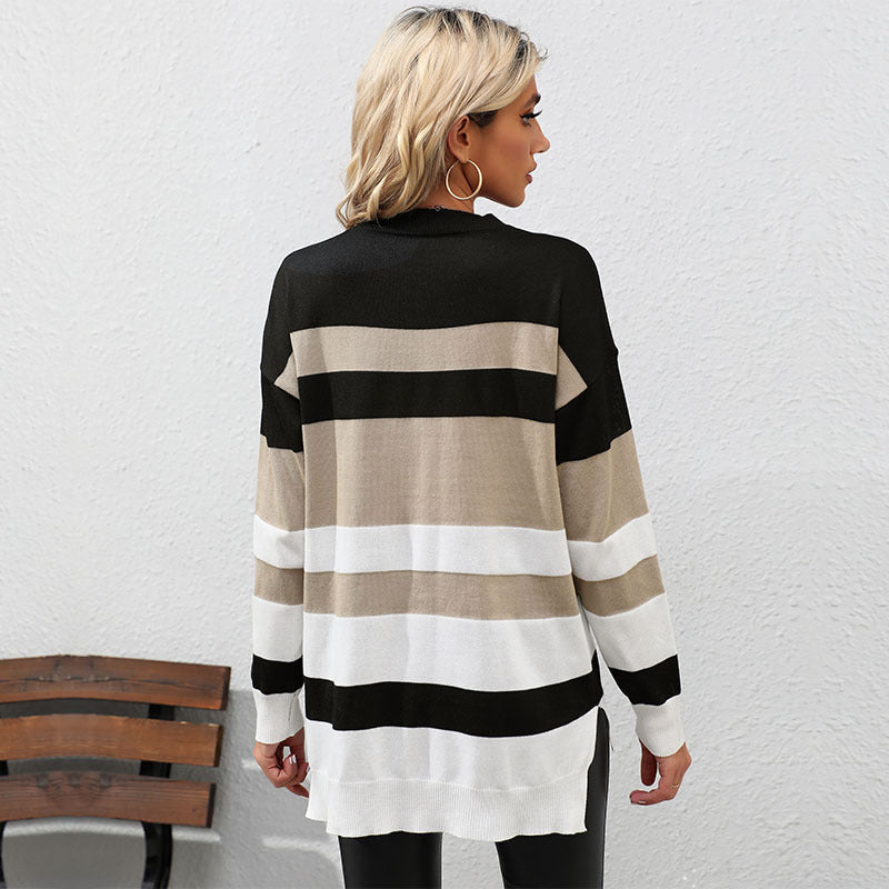 Damen Gestreifter Oversize-Feinstrickpullover mit Rundhalsausschnitt und Rippbündchen Echoarchiv