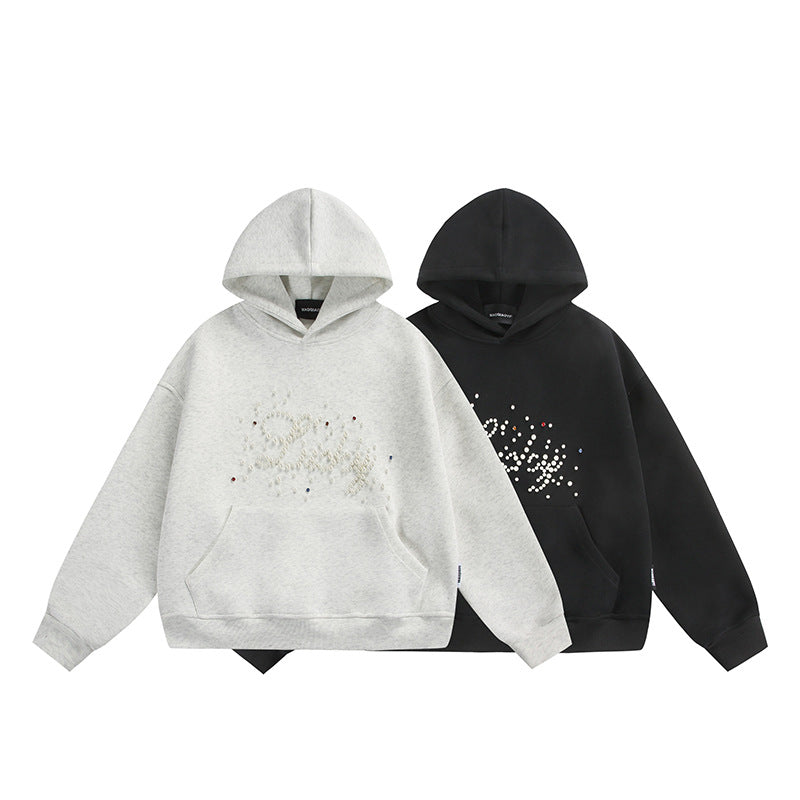 Unisex Oversize Kapuzenpullover mit Perlen‑ und Strassapplikation Echoarchiv