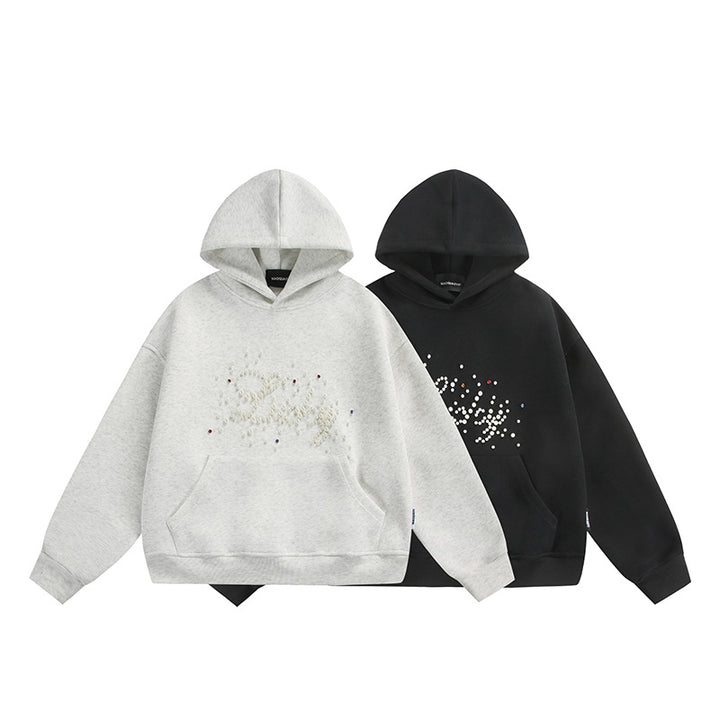 Unisex Oversize Kapuzenpullover mit Perlen‑ und Strassapplikation Echoarchiv