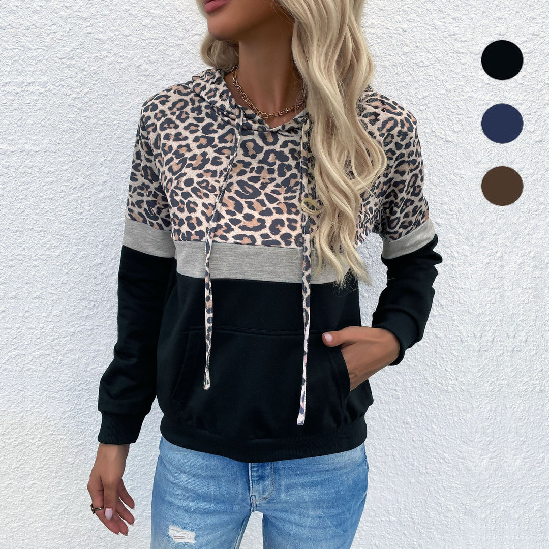 Damen Kapuzenpullover im Blockdesign mit Leopardenmuster, Kängurutasche und Tunnelzug Echoarchiv