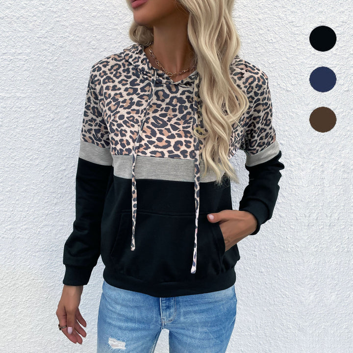 Damen Kapuzenpullover im Blockdesign mit Leopardenmuster, Kängurutasche und Tunnelzug Echoarchiv