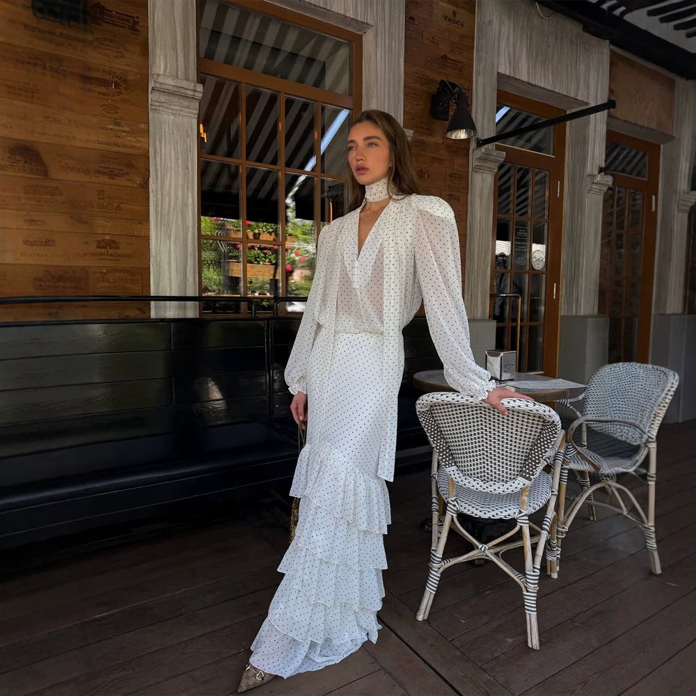 Damen Maxikleid aus Chiffon mit Wickeloberteil, Schluppe und gestuftem Volant‑Rock Echoarchiv