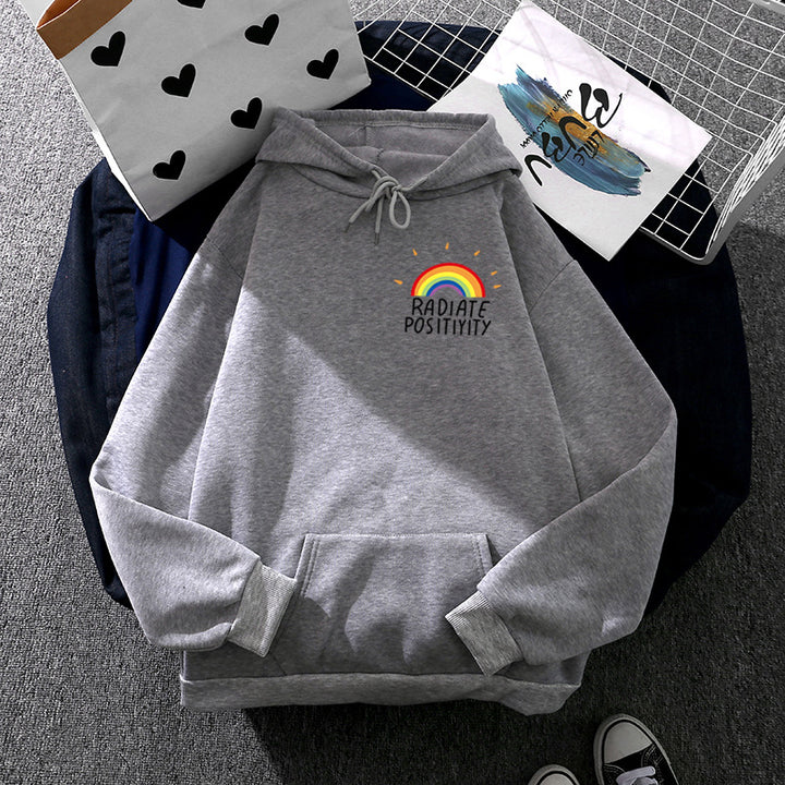 Damen lockerer Kapuzenpullover mit Regenbogen-Motiv, weichem Fleecefutter und Kängurutasche – Auréline