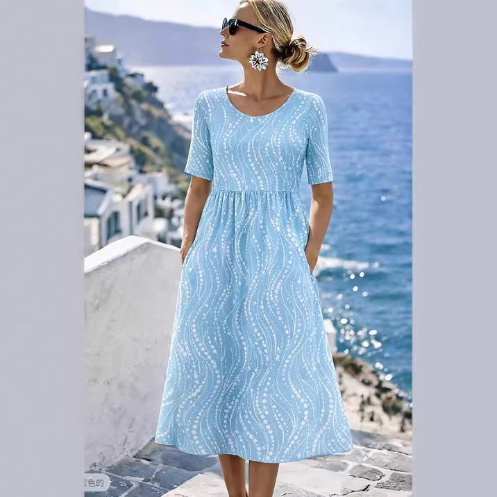 Damen Leichtes Midikleid mit Empire-Taille, halblangen Ärmeln und Eingrifftaschen Echoarchiv