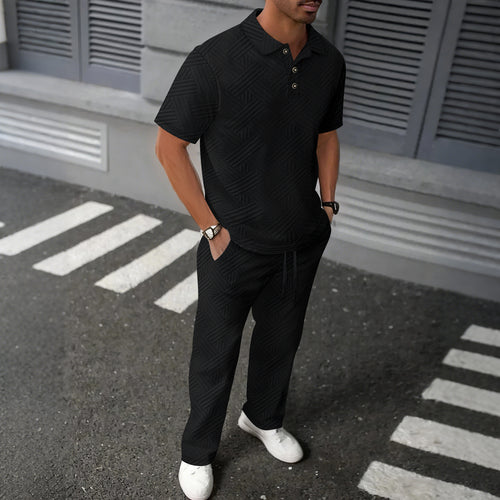 Herren lässiges Polo- und Jogginghose-Set mit strukturiertem Muster Echoarchiv