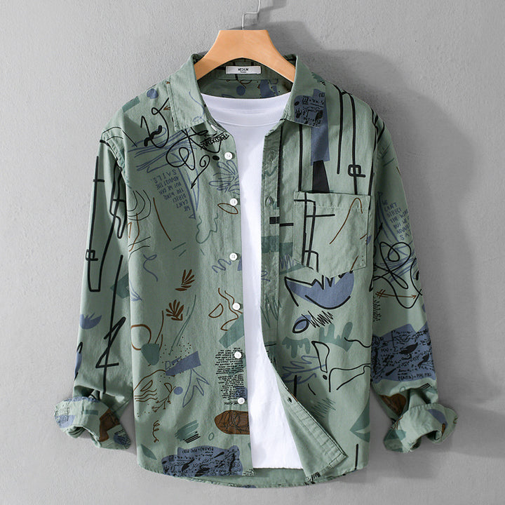 Herren Lockeres Hemdjacken-Overshirt mit abstraktem Skizzenprint, Brusttasche und weichem Baumwollgriff Echoarchiv