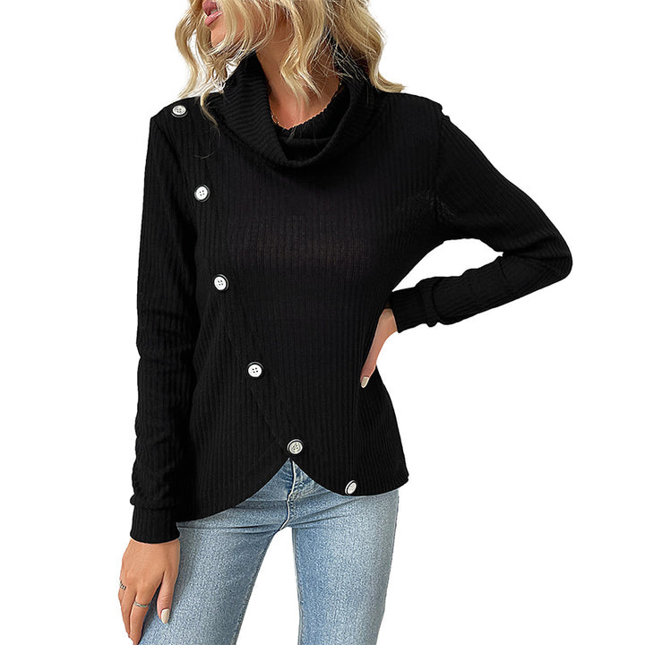 Damen gerippter Rollkragenpullover mit asymmetrischer Knopfleiste und taillierter Silhouette Echoarchiv
